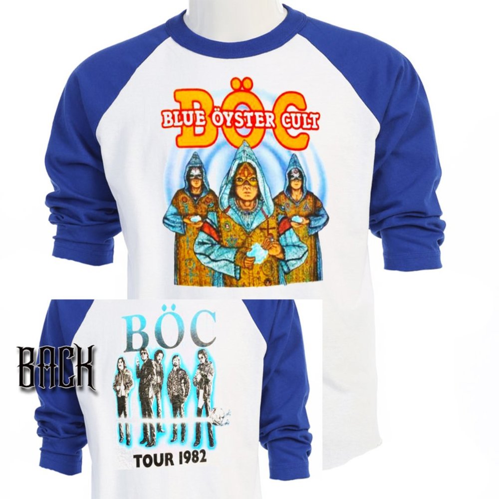 BOC BLUE OYSTER CULT, MENS 2-SIDED BLUE SLEEVE BASEBALL T-SHIRT T-449